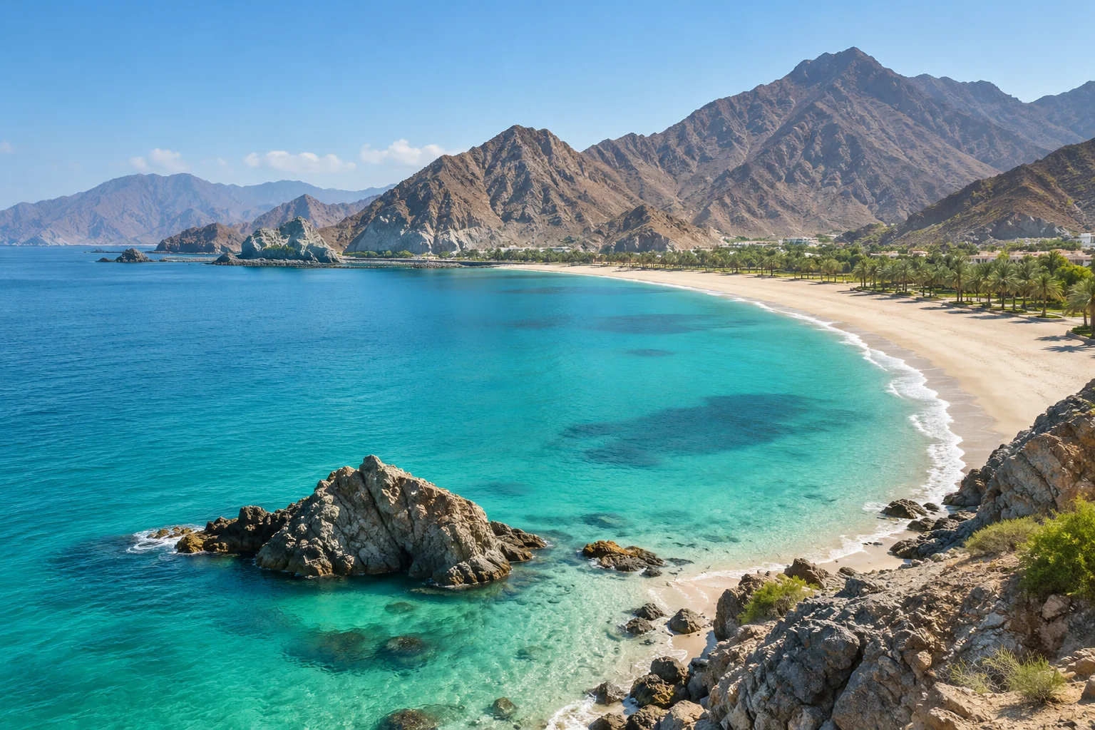 Turquoise water and mountain scenery on the Khorfakkan coast