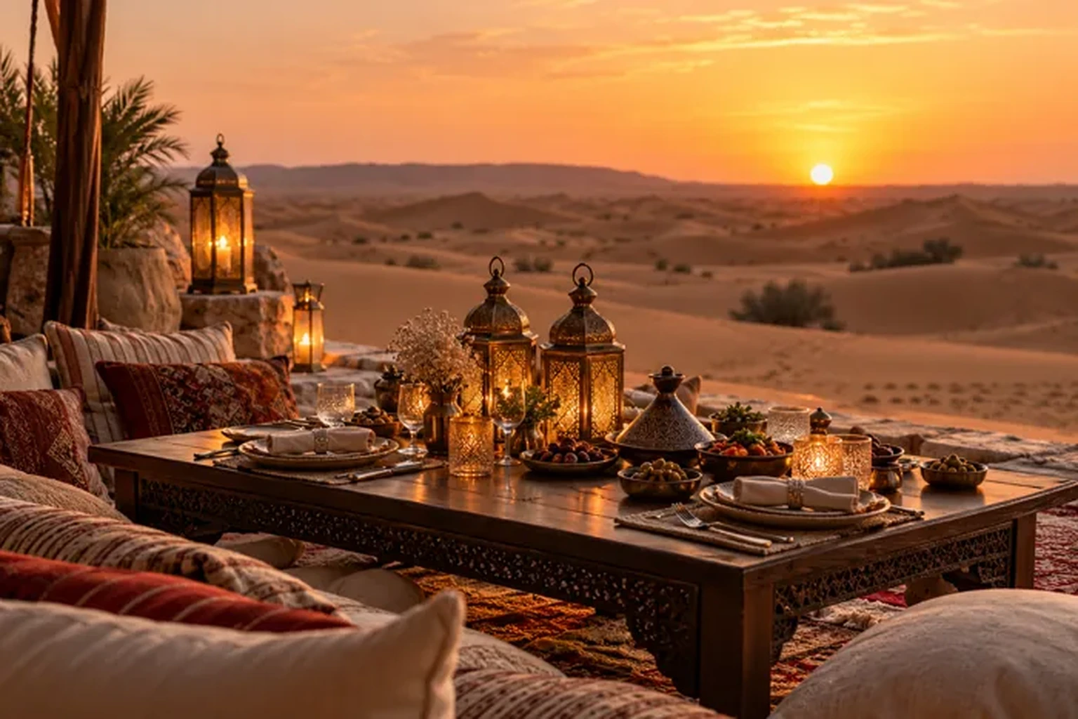 Elegant lantern-lit dining in the Arabian desert